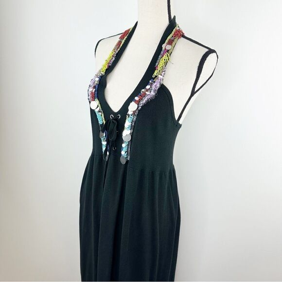 Nanette Lepore Anthropologie Black Knit Beaded Racerback Dress Cover-Up‎ Sz L - Picture 3 of 15